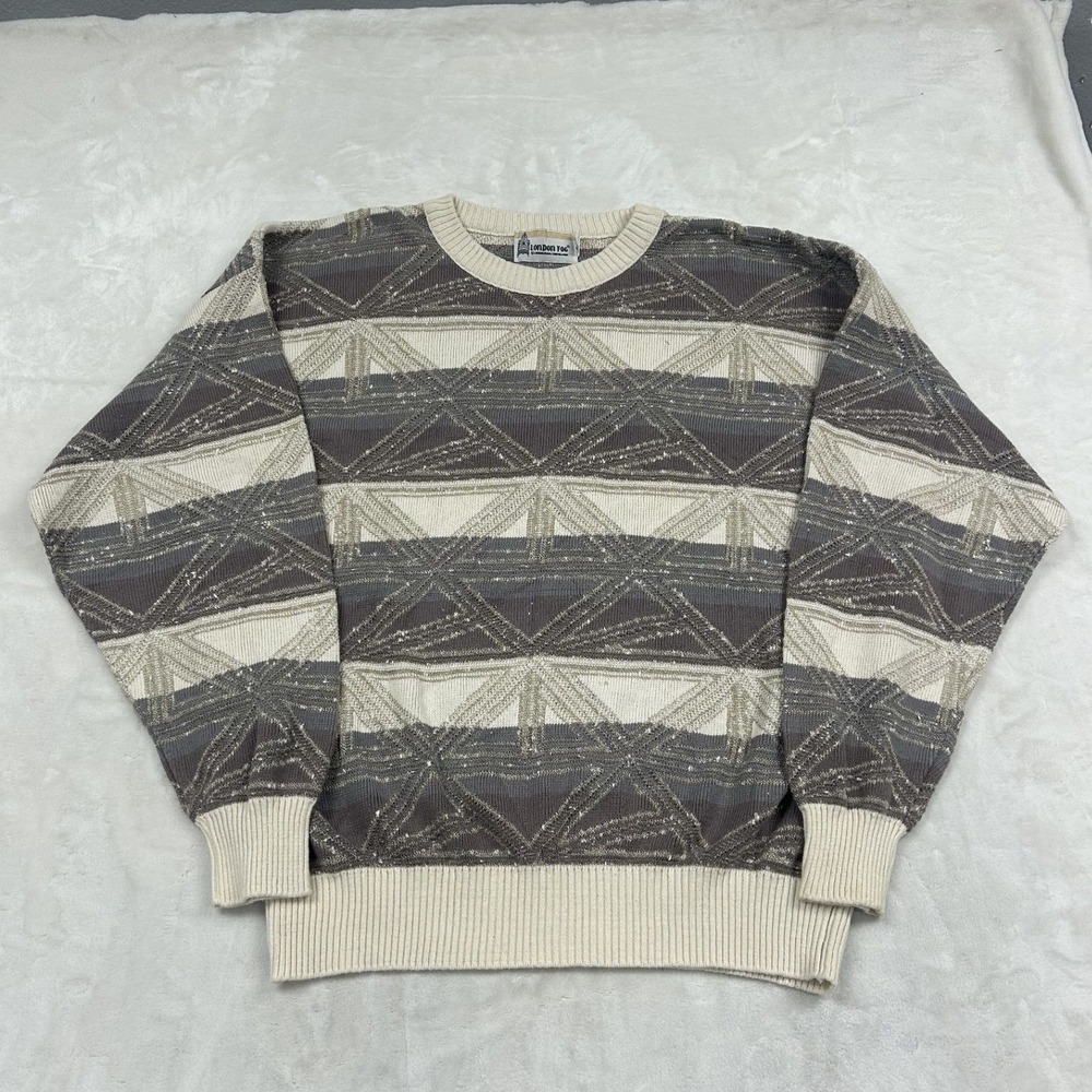 London Fog Sweater Mens XL Grey Geometric Knit Long Sleeve Crewneck Vintage